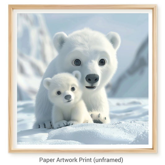 Adorable 3D Rendered Polar Bear Cub with Mother in Snow