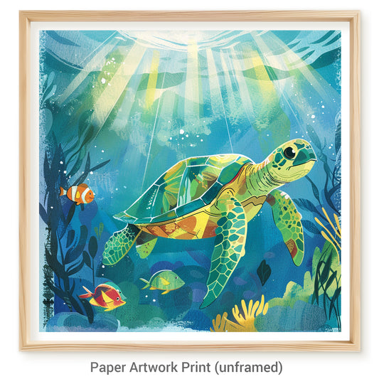 Colorful Sea Turtle Gliding Through a Sunlit Underwater Scene