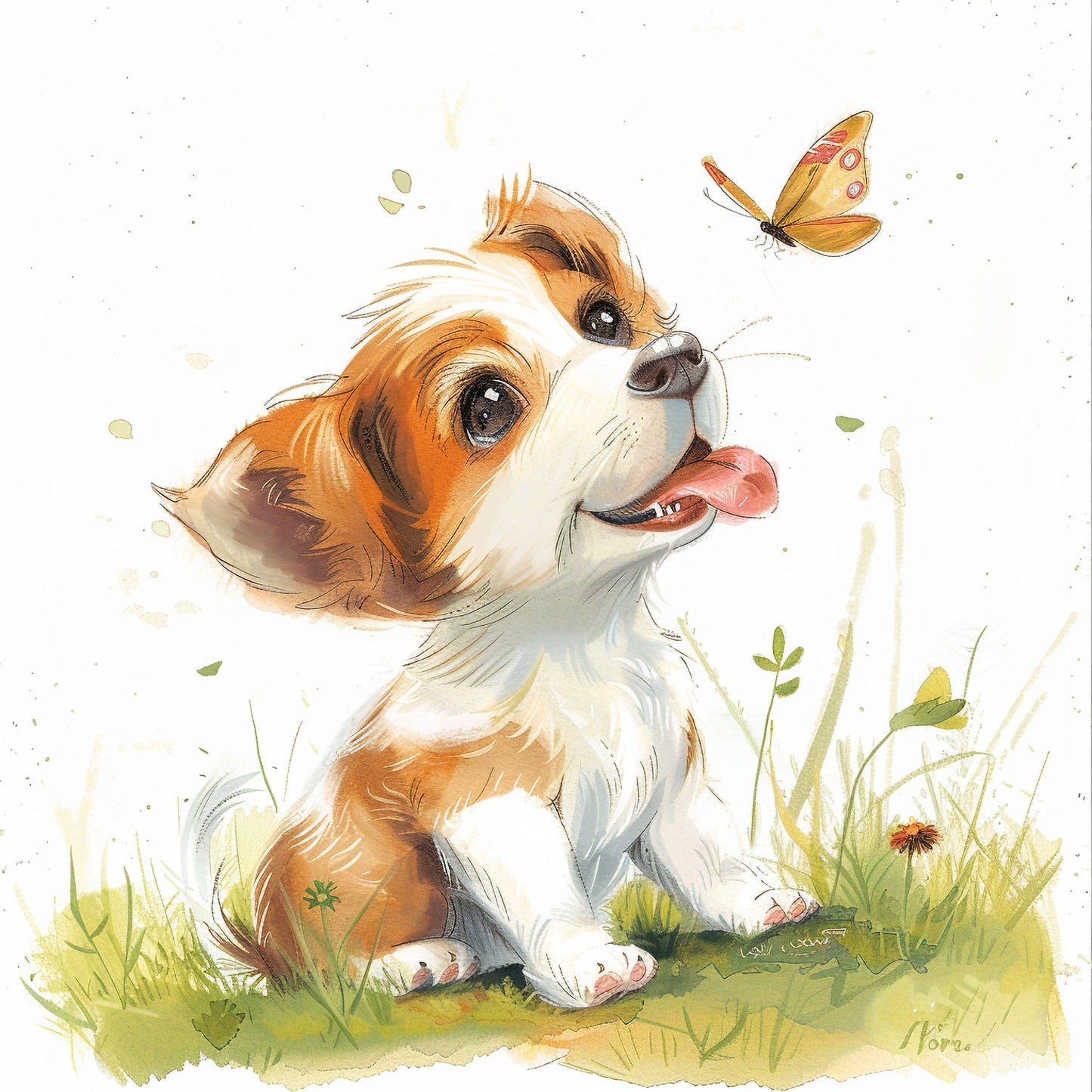 Charming Puppy Enjoying Nature with a Fluttering Butterfly