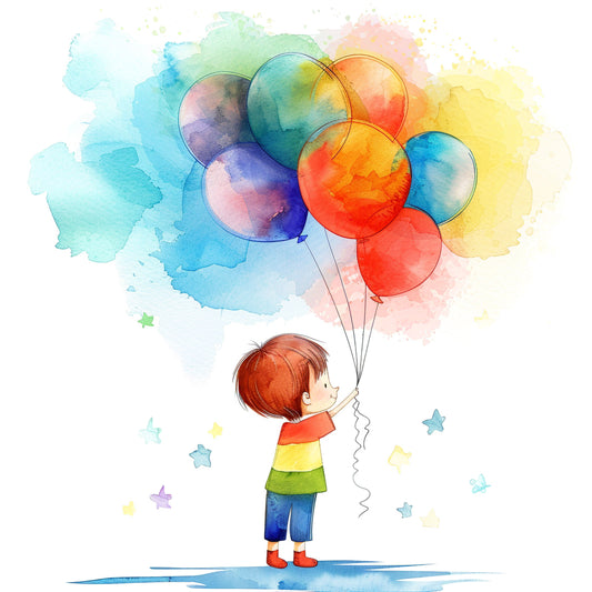 Little Boy Holding Colorful Balloons Illustration