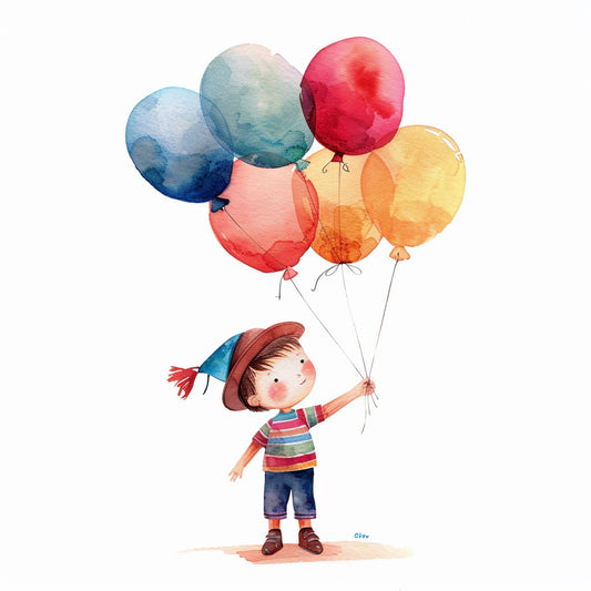 Cute Little Boy Holding Colorful Balloons Illustration