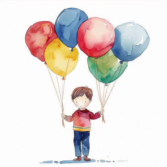 Happy Little Boy Holding Colorful Balloons in Watercolor