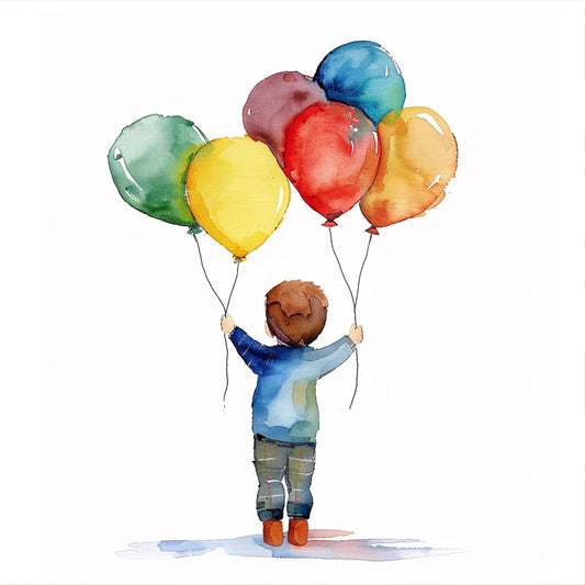 Young Boy Holding Colorful Balloons Watercolor Illustration