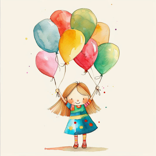 Happy Little Girl Holding Colorful Balloons Illustration