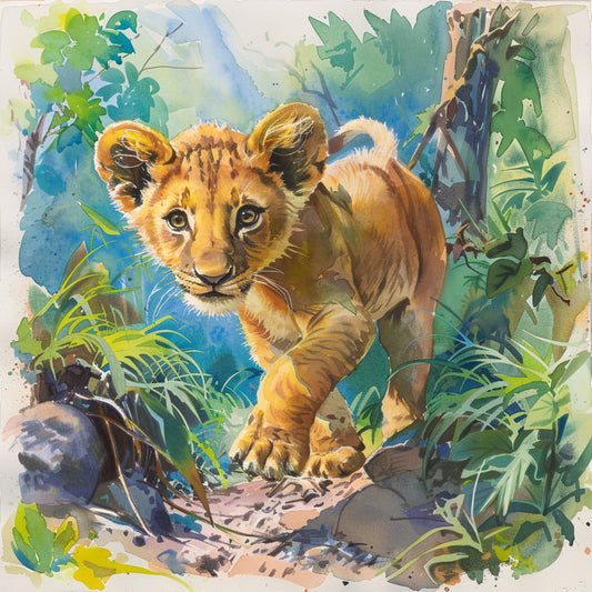 Curious Lion Cub Adventuring Through Lush Jungle
