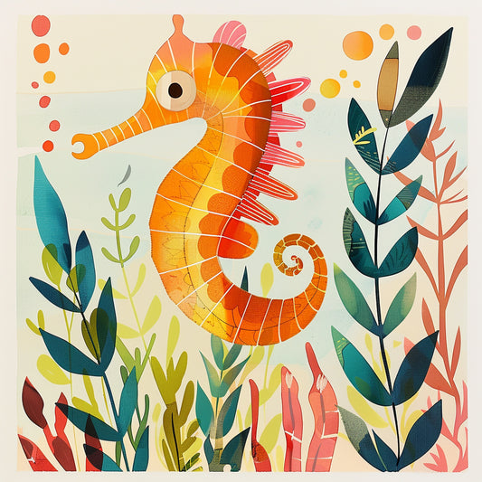 Colorful Seahorse Clinging to Seaweed in Vibrant Underwater Scene
