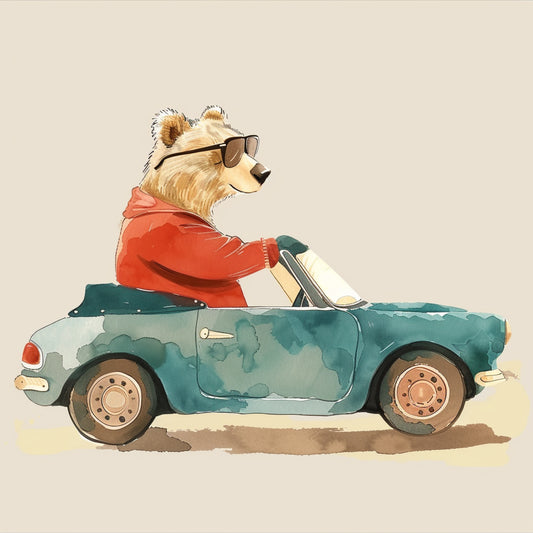 Cool Bear in Retro Clothes Driving a Vintage Convertible