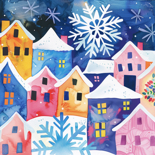 Colorful Snow-Covered Houses and Snowflakes Illustration