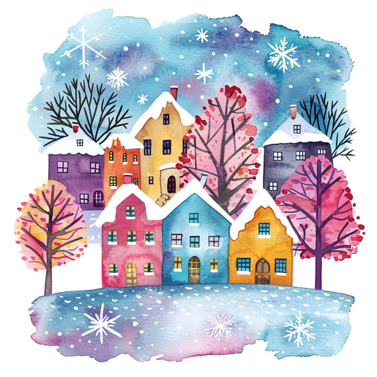 Colorful Suburban Houses in Winter Snowfall Illustration