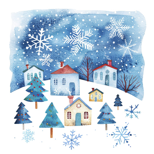 Snowy Suburban Houses with Beautiful Snowflakes and Trees