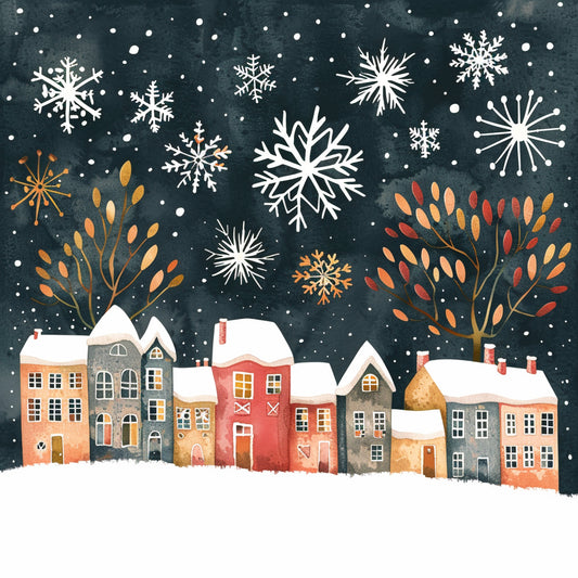 Whimsical Winter Snowflakes Over Charming Suburban Houses