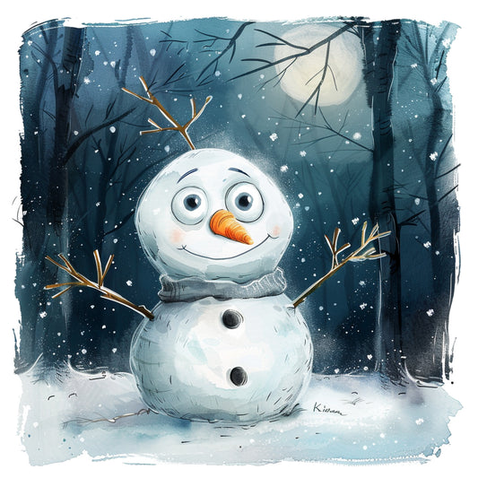 Whimsical Snowman Artwork In Magical Winter Night