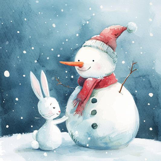 Whimsical Snowman and Bunny Friendship in Winter