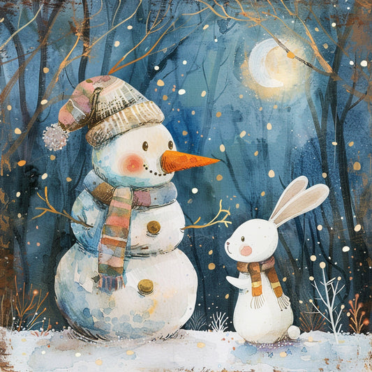 Whimsical Snowman and Bunny in a Magical Winter Forest