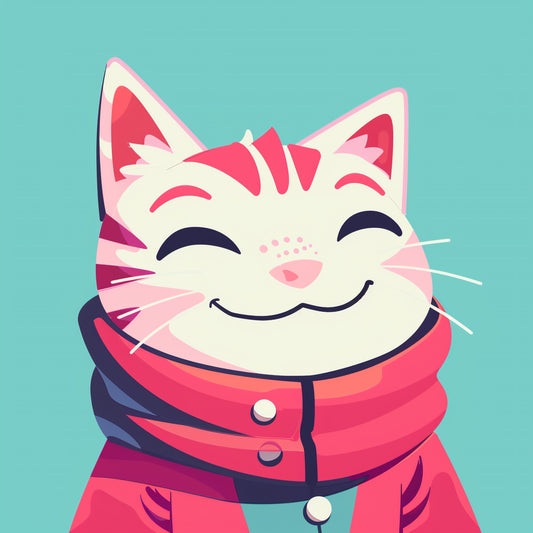 Smiling Cat in Pink Scarf Illustration on Blue Background
