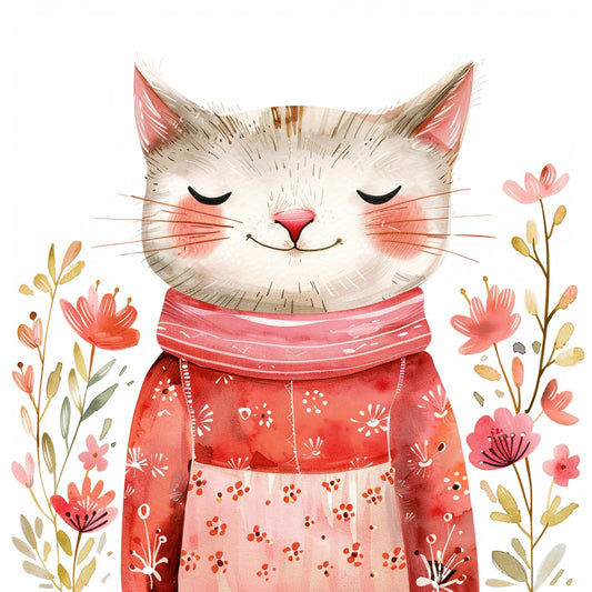 Cute Smiling Female Cat in a Pink Scarf with Flowers
