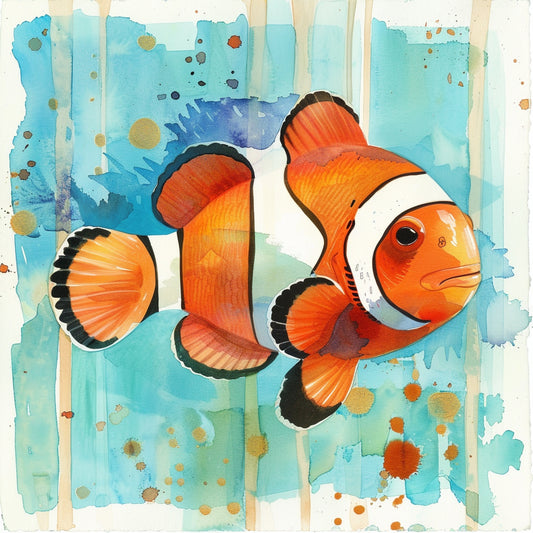 Colorful Watercolor Clownfish on Abstract Blue Background