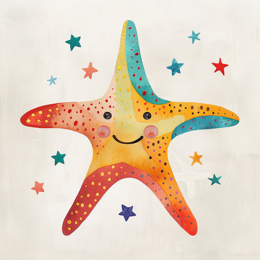 Colorful Watercolor Starfish with Smiling Face and Stars