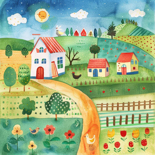 Watercolor Countryside Farm with Happy Animals and Flowers
