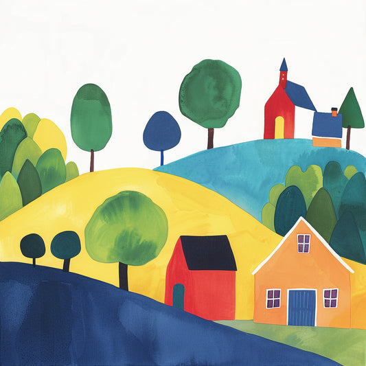 Colorful Watercolor Rural Landscape with Farmhouses
