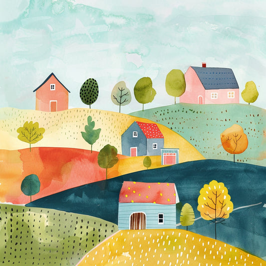 Whimsical Watercolor Farm Landscape with Cozy Country Houses