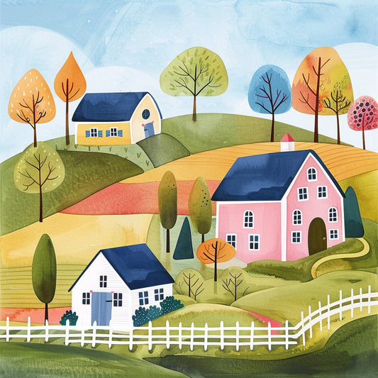 Charming Watercolor Farm Landscape with Cozy Rural Homes
