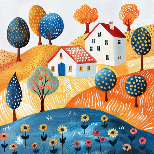 Cozy Minimalist Rural Farm Scene with Vibrant Colors