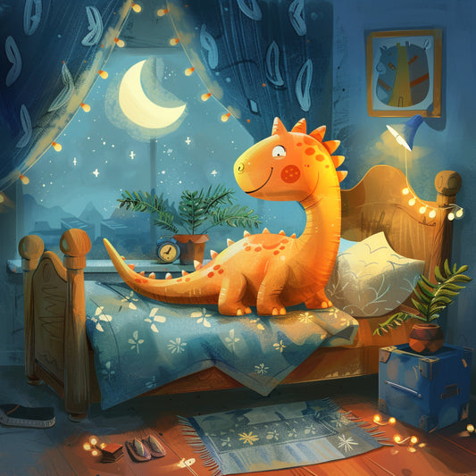 Friendly Dinosaur Toy in a Cozy Bedroom at Night