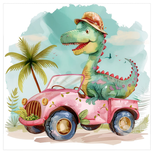 Friendly Dinosaur in Retro Clothes Driving a Pink Car