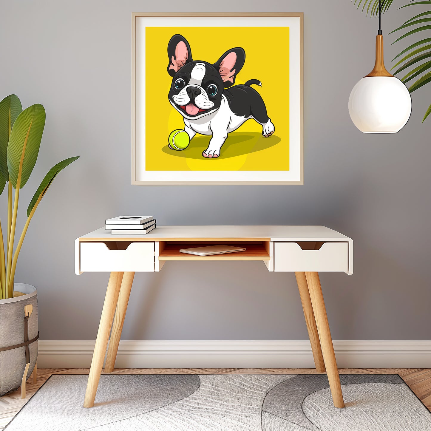 Playful French Bulldog Puppy with Ball on Yellow Background