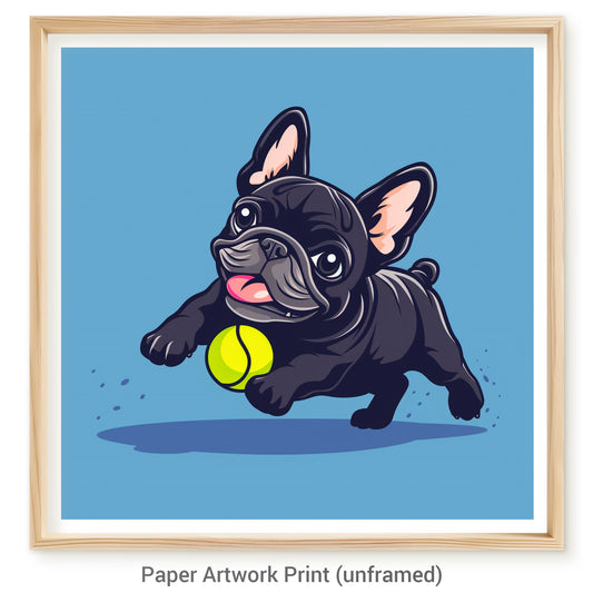 Playful French Bulldog Chasing a Tennis Ball on Blue