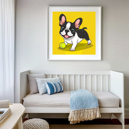 Playful French Bulldog Puppy with Ball on Yellow Background