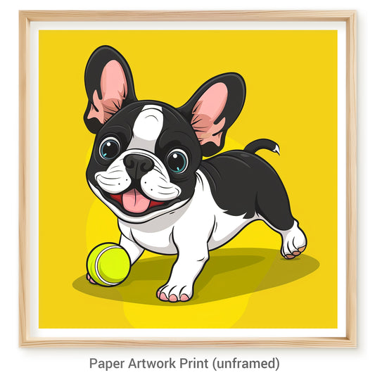 Playful French Bulldog With Tennis Ball on Yellow Background