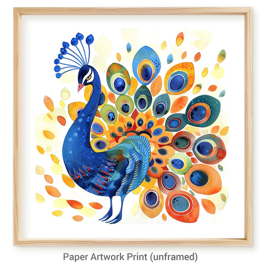 Colorful Watercolor Peacock with Vibrant Plumage in Artistic Style