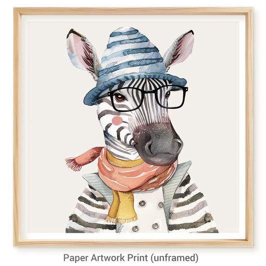 Stylish Zebra in Hipster Outfit with Glasses and Hat