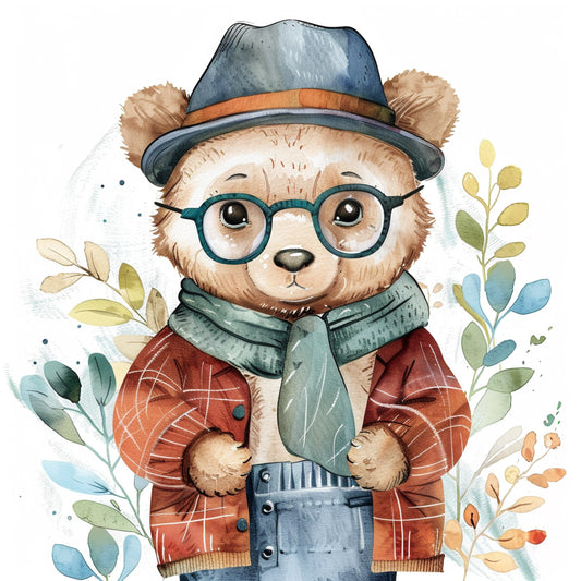 Cute Baby Bear in Retro Outfit with Floral Backdrop