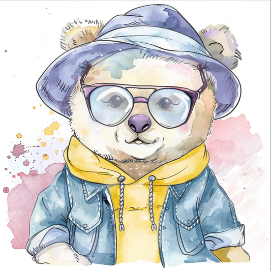 Stylish Bear Character in Hip Retro Outfit and Glasses