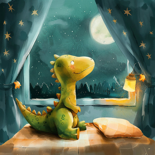 Cute Baby Dinosaur Sitting by Bedroom Window at Night