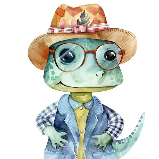 Stylish Cartoon Dinosaur in Retro Outfit with Glasses