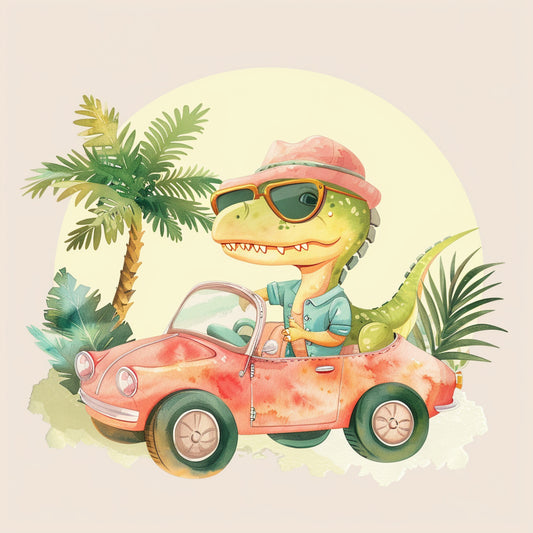 Friendly Baby Dinosaur in Retro Car with Tropical Backdrop
