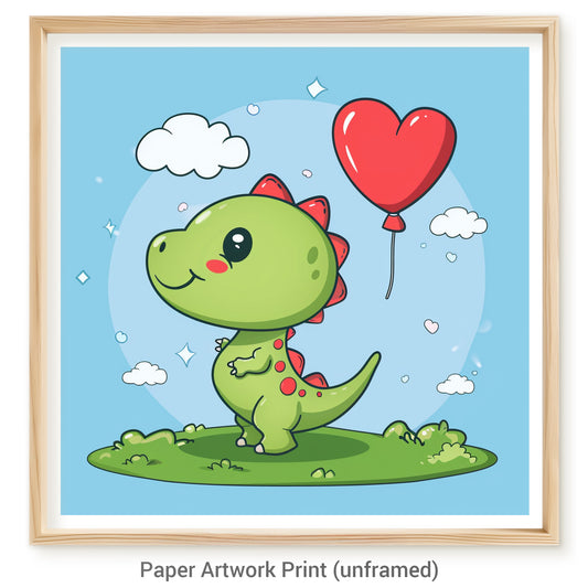 Adorable Baby Dinosaur Holding a Red Heart Balloon
