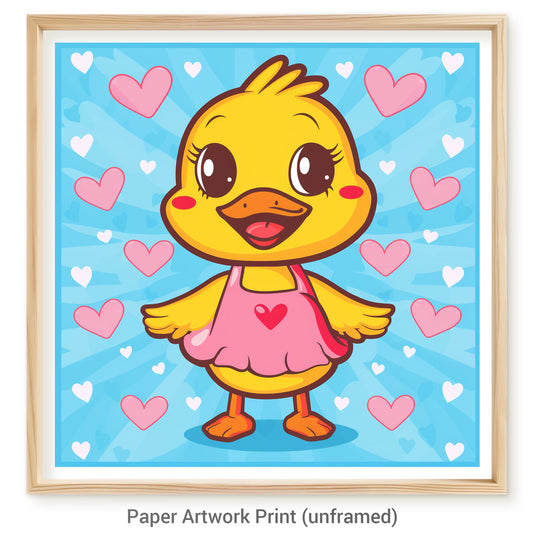 Cute Cartoon Baby Duck with Hearts on Blue Background