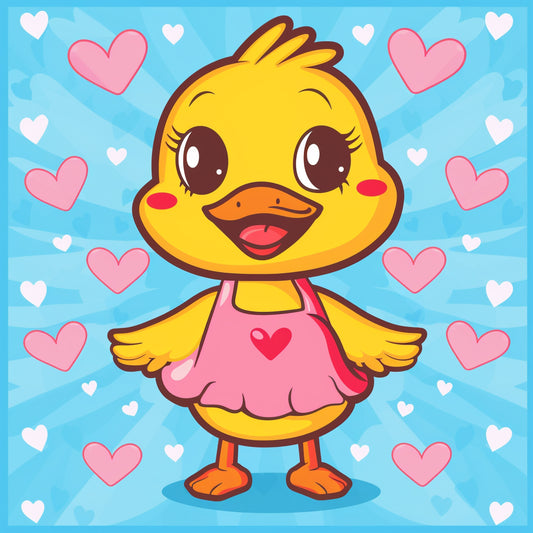 Adorable Baby Duck Cartoon on Heart Pattern Background