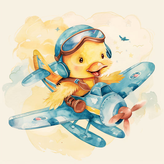 Adorable Duck Pilot in Watercolor Flying an Airplane