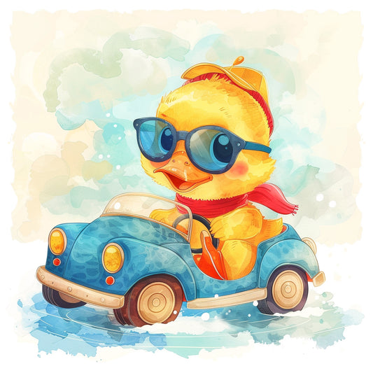 Cute Baby Duck Driving Retro Toy Car Illustration