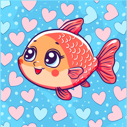 Cute Cartoon Baby Fish with Heart Bubbles on Blue