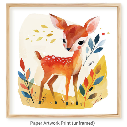 Colorful Watercolor Illustration of a Cute Baby Deer in Nature