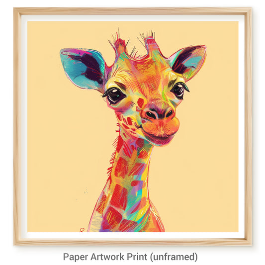 Colorful Illustration of a Cute Baby Giraffe on Peach Background