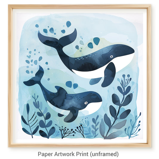 Cute Baby Whale and Mother Swimming in Ocean Illustration