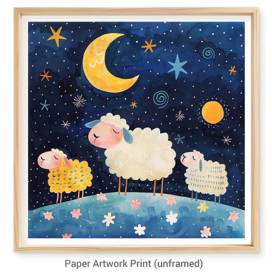 Cute Sheep Under Starry Night Sky with Vibrant Moon and Stars